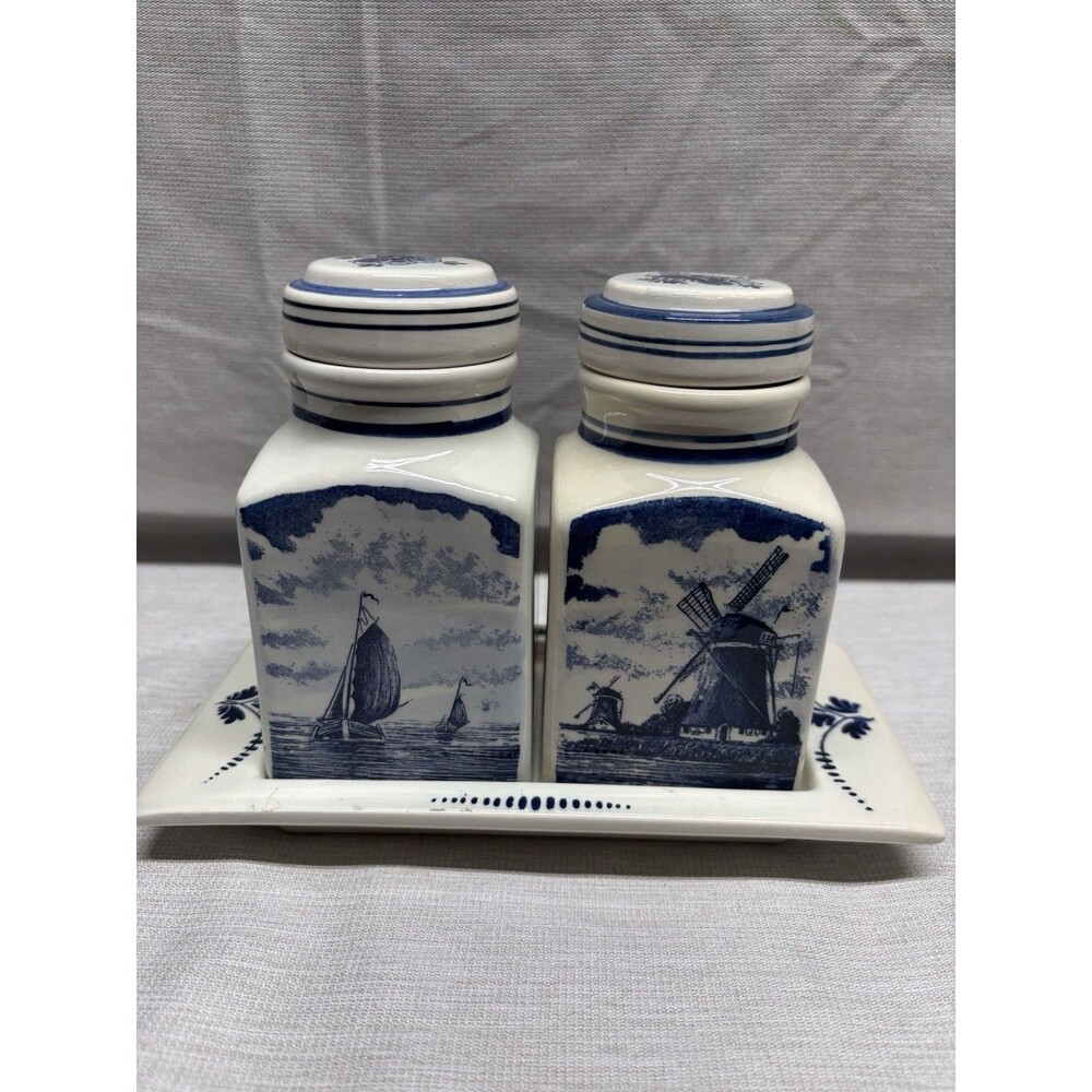 Delft Blue Canister Pair Handmade  Holland Vintage Kitchen Spice Jars Windmill
